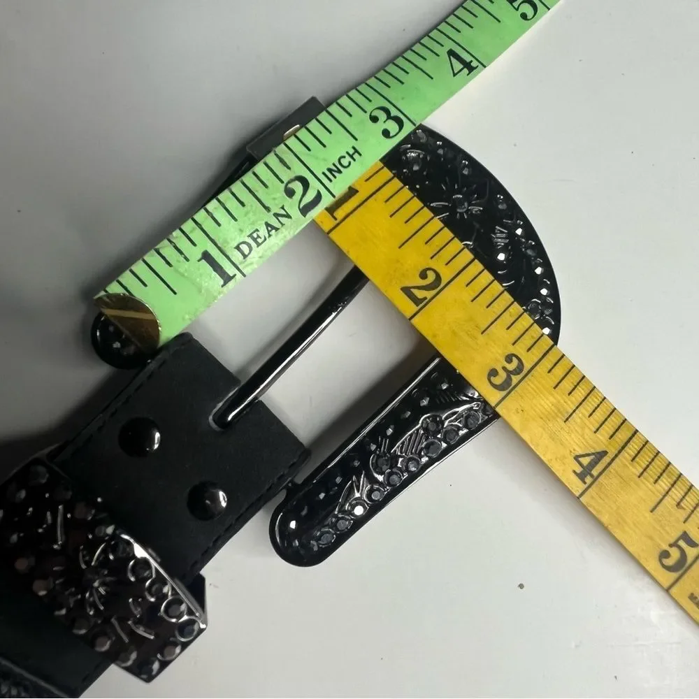 WONDERWEST Rhinestone Black Belt Leather Large Buckle Womens Size Medium